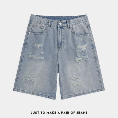 日本品牌复古破洞牛仔短裤男直筒