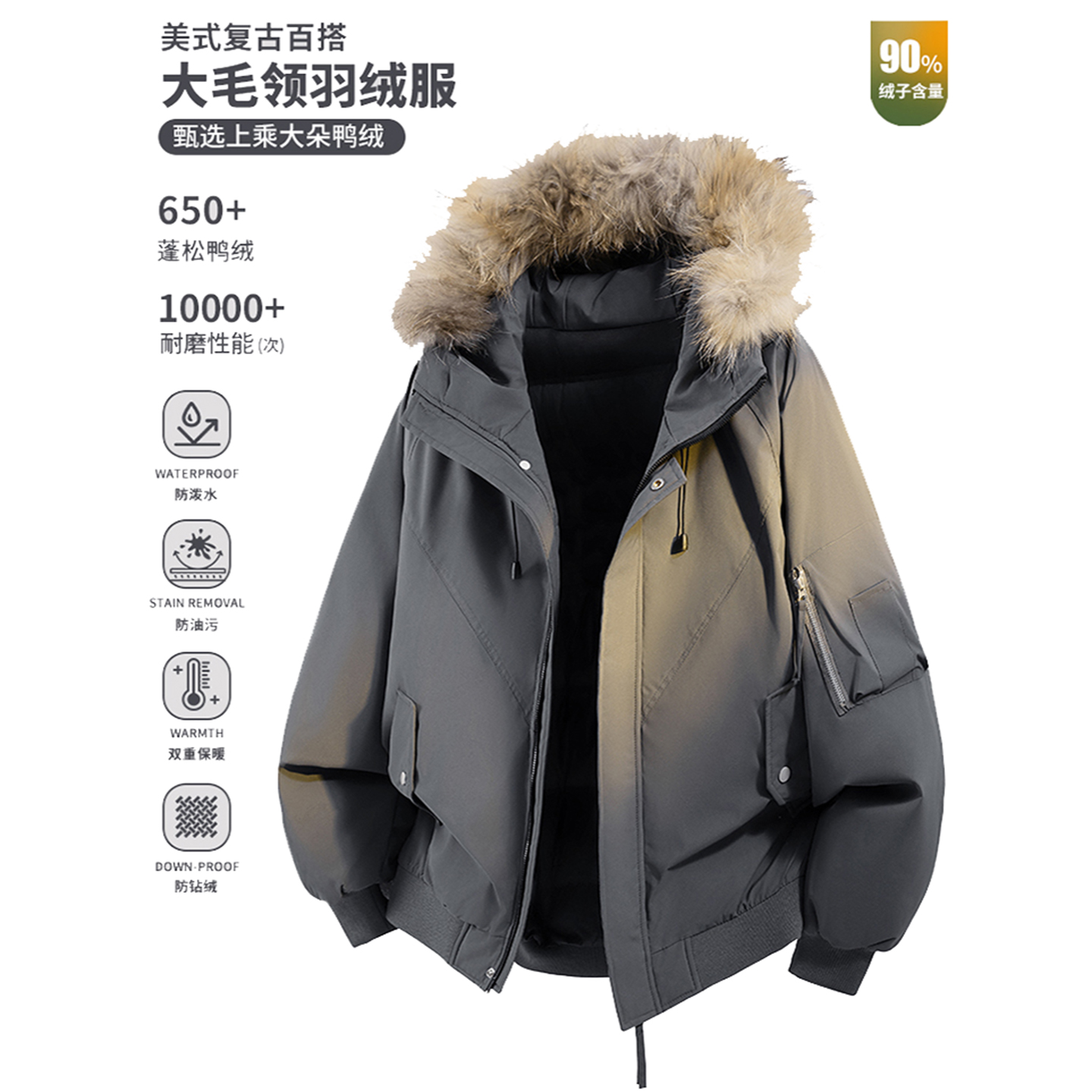 DESIGNSECRETS 25FW美式大毛领工装连帽派克羽绒服男防寒保暖外套