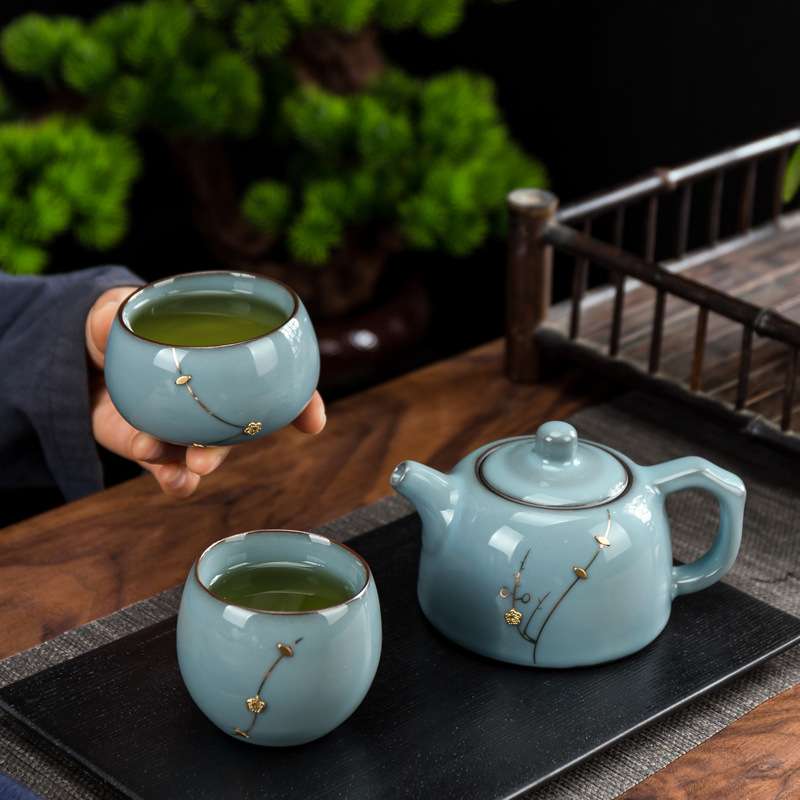 锔钉茶壶汝窑一壶二杯功夫泡茶壶茶杯茶具小套装盖碗复古陶瓷补钉