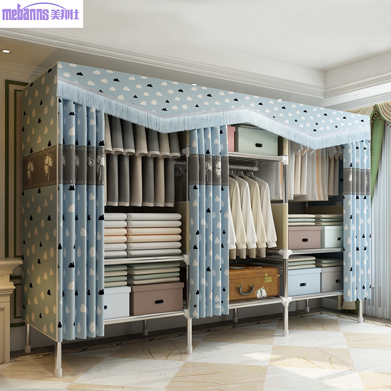 速发简易布衣柜布艺不锈钢管加厚加粗加E固全钢架双人.柜收纳挂衣