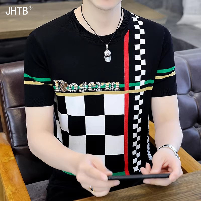 短袖t恤男士2026夏季新款高端冰丝格子半袖薄款体恤衫男装上衣服T