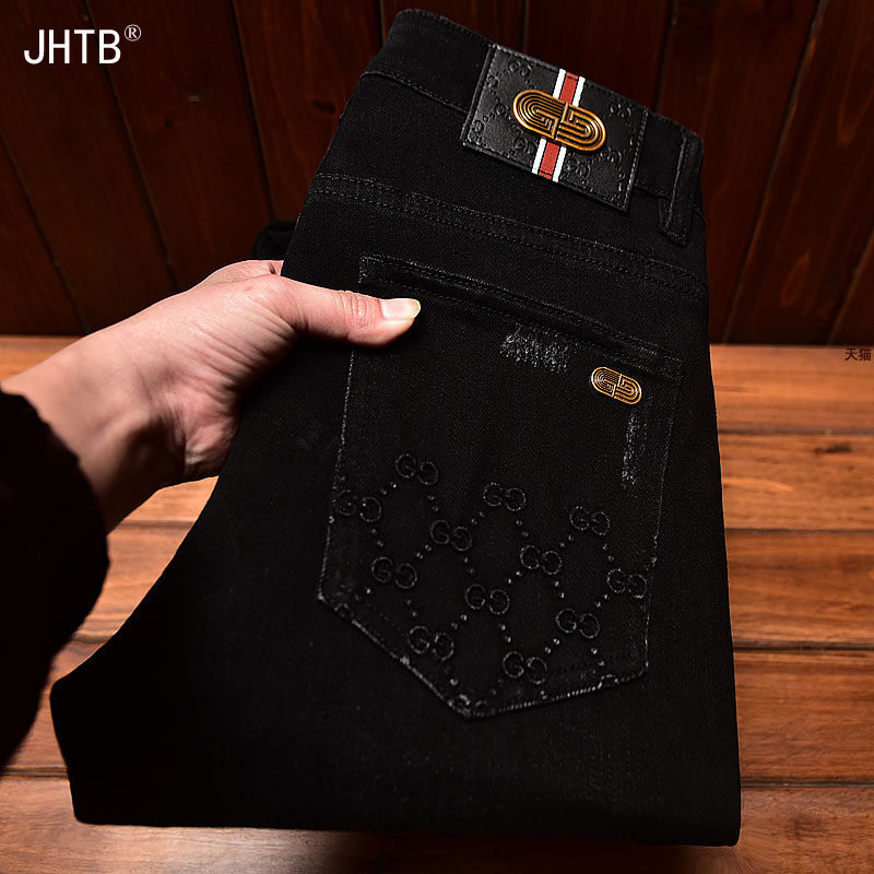 黑色牛仔裤男士2026年秋季高端弹力潮牌修身小脚印花休闲长裤裤子,男装,休闲裤,淘宝优惠券,粉丝福利购,淘宝优惠卷