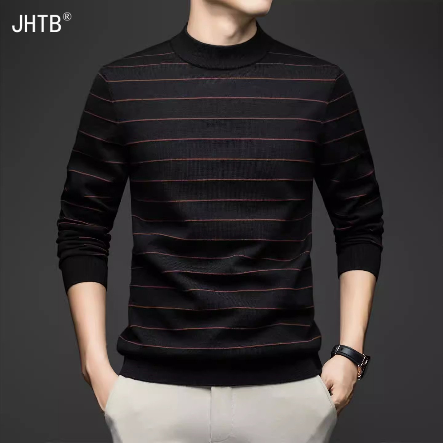 长袖T恤男春秋季半高领条纹毛衣打底衫 含山羊绒桑蚕丝薄款羊毛衫