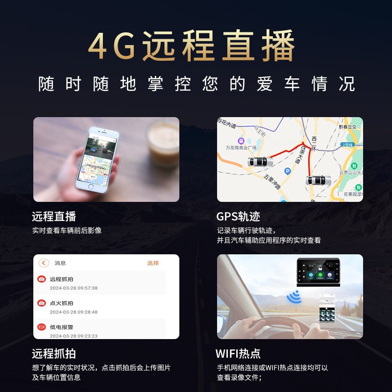网约车2K高清4G行车记录仪手机APP远程监控实时回放定位轨迹查询