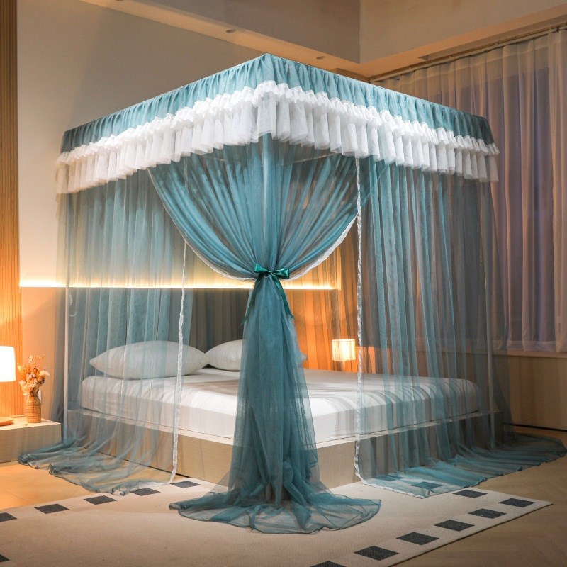 韩版公主风蚊帐一体式家用卧室床幔加厚加密烤漆支架方顶落地纹帐