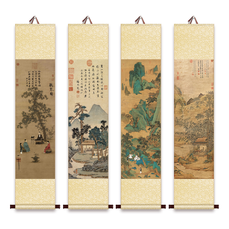 中式古风卷轴挂画挂轴山水古画国画听琴图品茶图玄关茶室楼装饰画