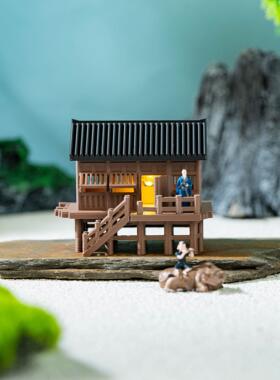 微景观带灯古建筑模型假山鱼缸造景小摆件中式庭院凉亭古代小屋