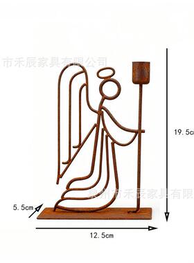 一件单个装生锈铁线天使烛台节日氛围装饰摆件，铁艺做锈烛台装饰