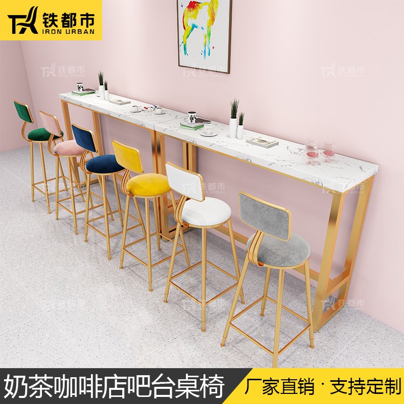 新款大理石吧台桌阳台家用简约奶茶店靠墙小长条酒吧实木高脚桌椅