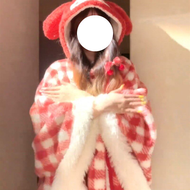 新款格纹红色斗篷女士家居服加绒保暖连帽斗篷披肩家居服