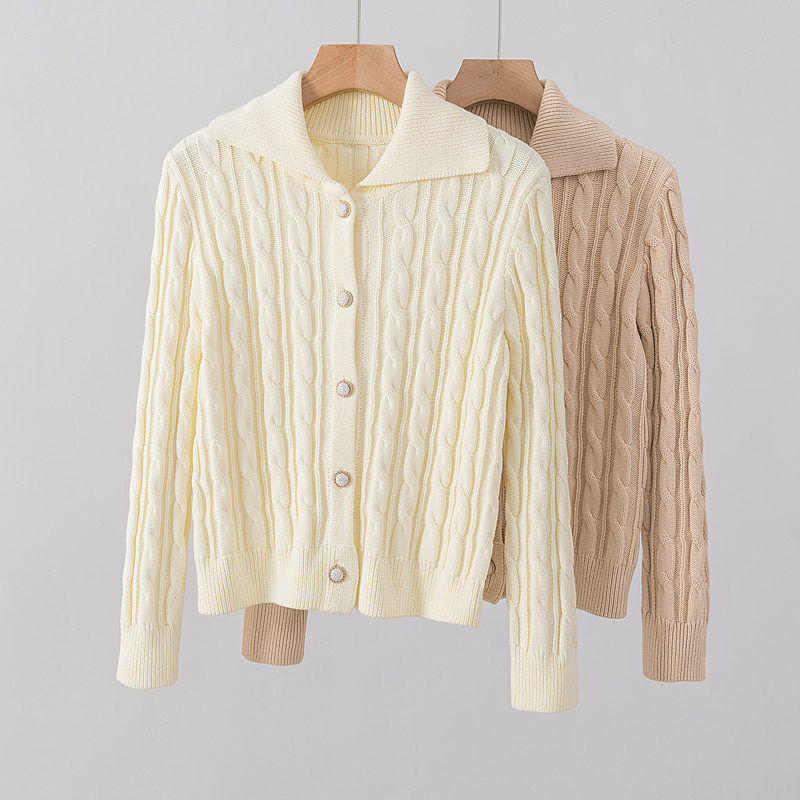 100%纯棉翻领麻花针织开衫女外套