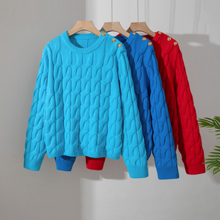 大表姐同款~100%纯棉圆领毛衣女外套绞花加厚套头百搭针织衫上衣