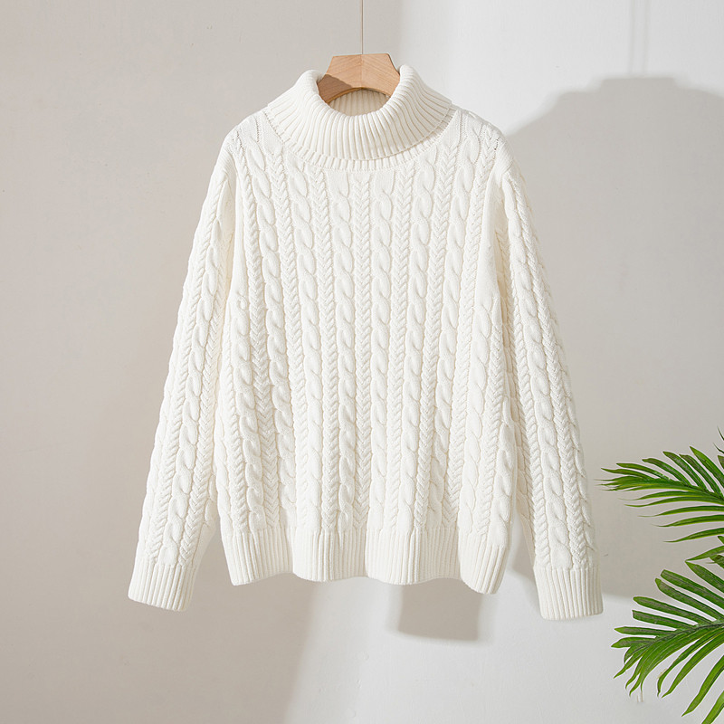 不起球100%纯棉复古短款麻花高领毛衣女士宽松套头打底针织衫加厚