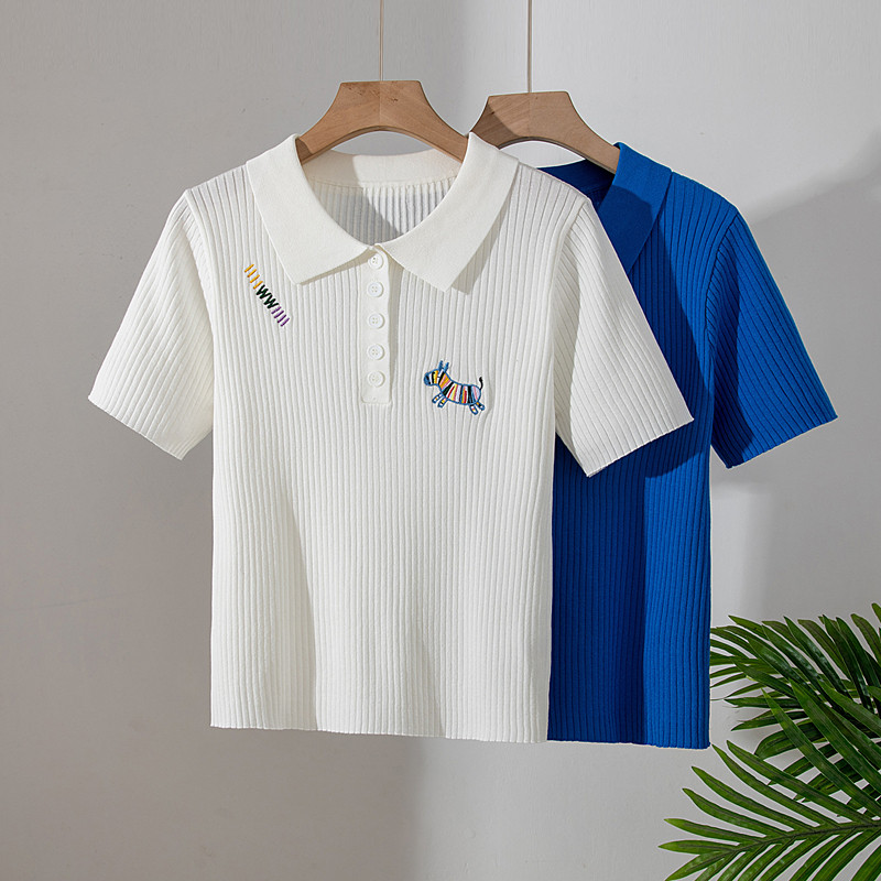 夏季POLO领刺绣针织短袖T恤女