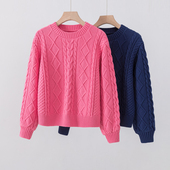 100%纯棉套头圆领毛衣女秋冬季 上衣 宽松重工麻花针织衫 厚款 打底衫