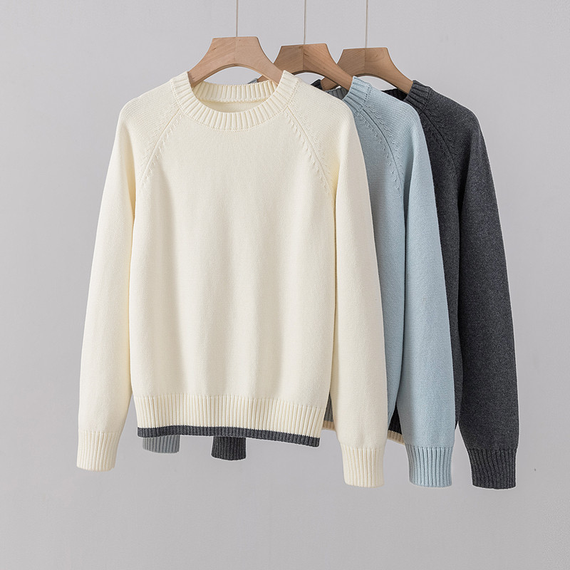 100%纯棉针织衫女浅蓝色圆领毛衣