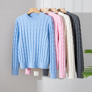 不起球100%纯棉针织衫女外套秋冬季半高领厚实毛衣上衣宽松打底衫