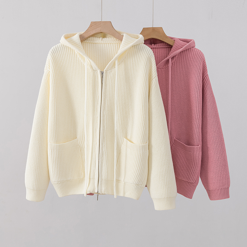 纯棉双拉链连帽针织开衫女毛衣