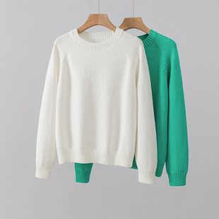 毛衣女套头毛衫柜上同款棉线秋冬季厚款圆领针织衫上衣翡翠绿白红