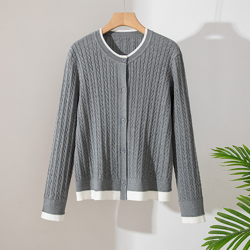 早春新款100%纯棉针织开衫女士上衣春装薄款圆领长袖毛衣外套宽松