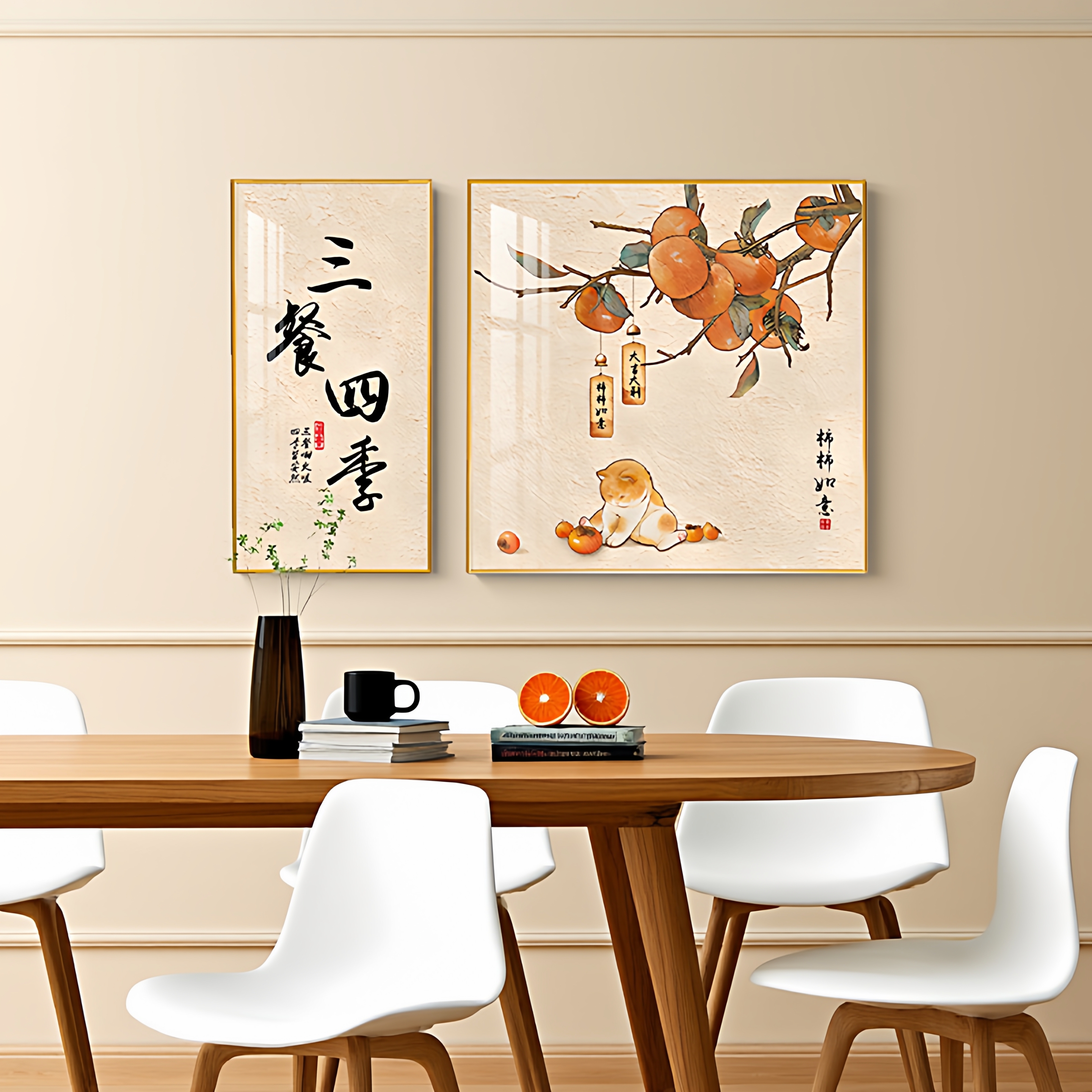 新中式三餐四季餐厅装饰画柿柿如意壁画高级感饭厅餐桌背景墙挂画图片