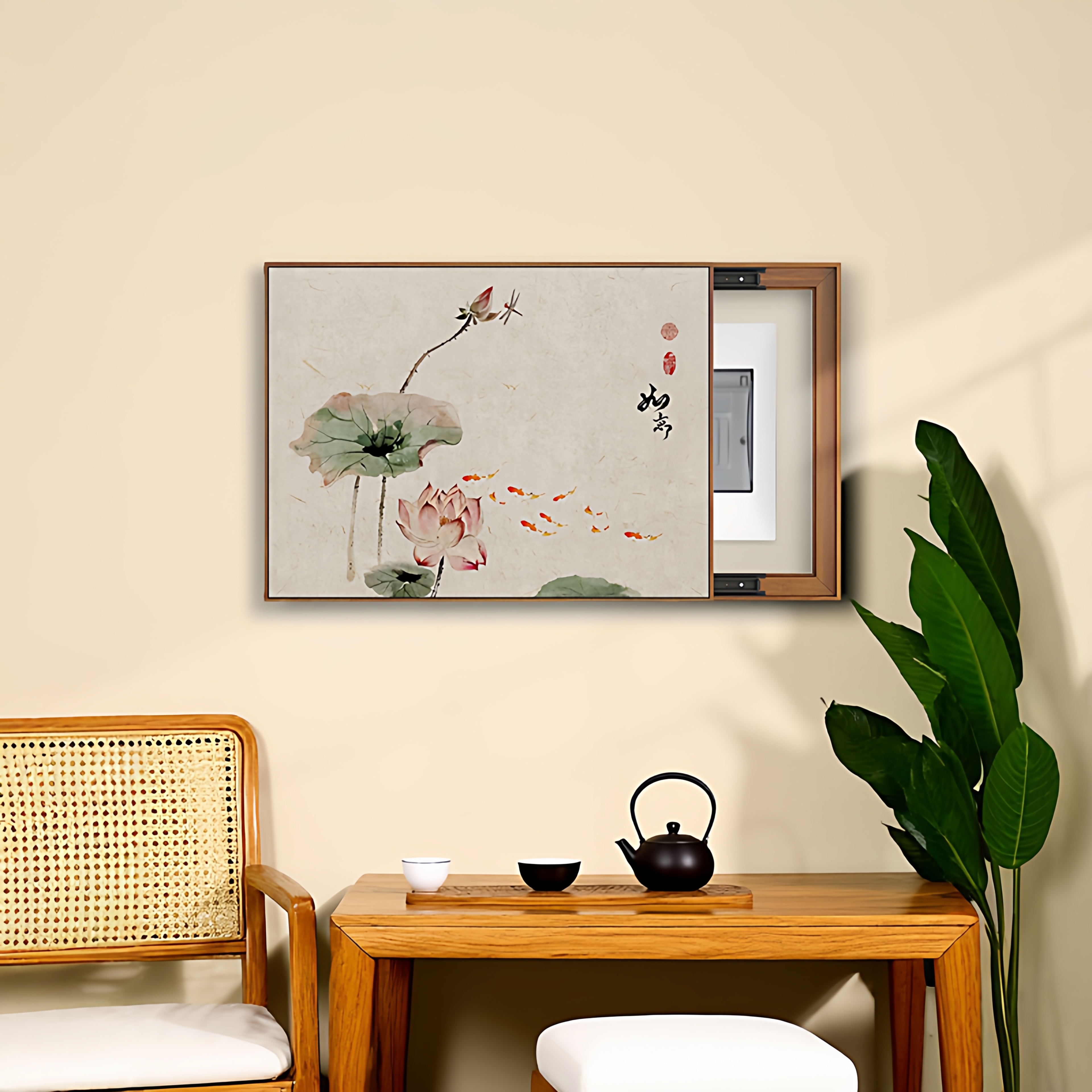 新中式禅意荷花电表箱装饰画餐厅水墨画免打孔配电箱遮挡推拉挂画图片