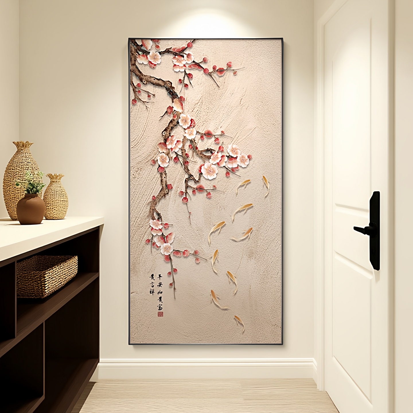 九鱼图新中式新款玄关装饰画正对门入户画宋代美学挂画原木风壁画图片