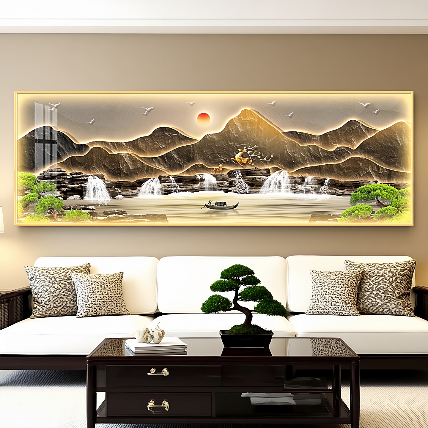 流水生财led灯轻奢客厅装饰画沙发背景墙挂画壁画简约现代高级感图片