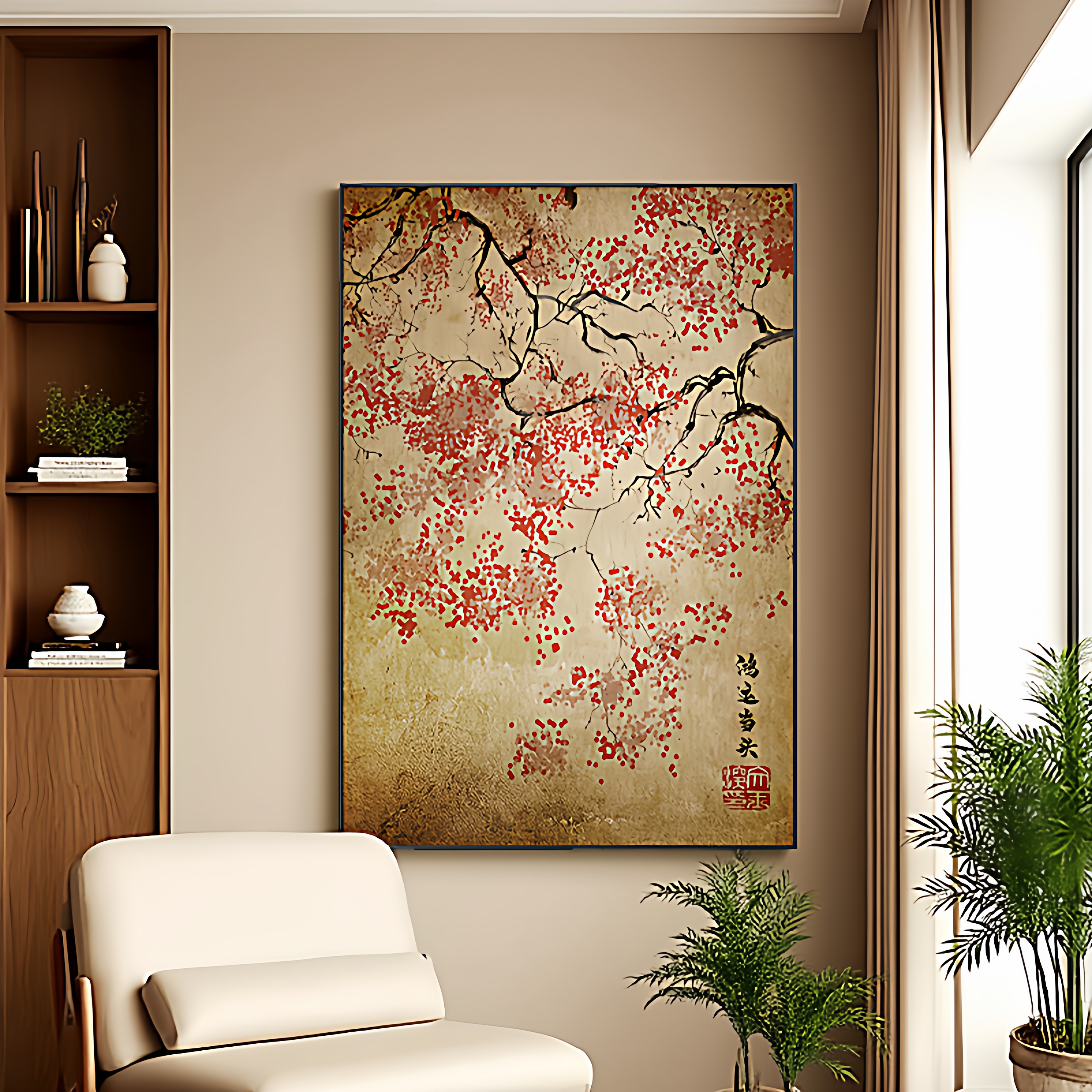 柿柿如意入户正对门玄关装饰画中古风走廊挂画复古客厅壁画高级感图片