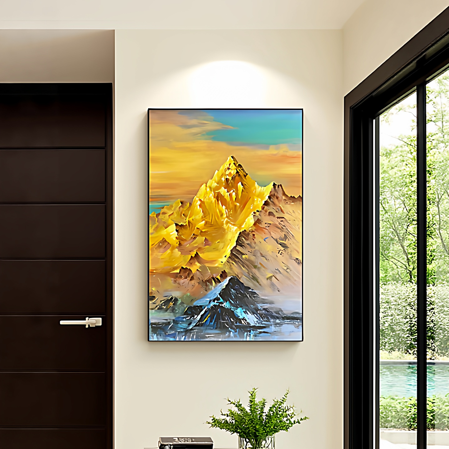 日照金山玄关装饰画大芬村手绘油画客厅挂画高级感入户正对门壁画图片
