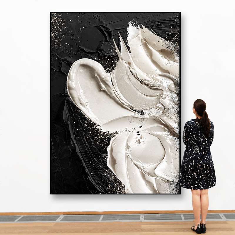 黑白立体手绘油画现代简约客厅装饰画厚肌理玄关餐厅挂画巨幅落地图片