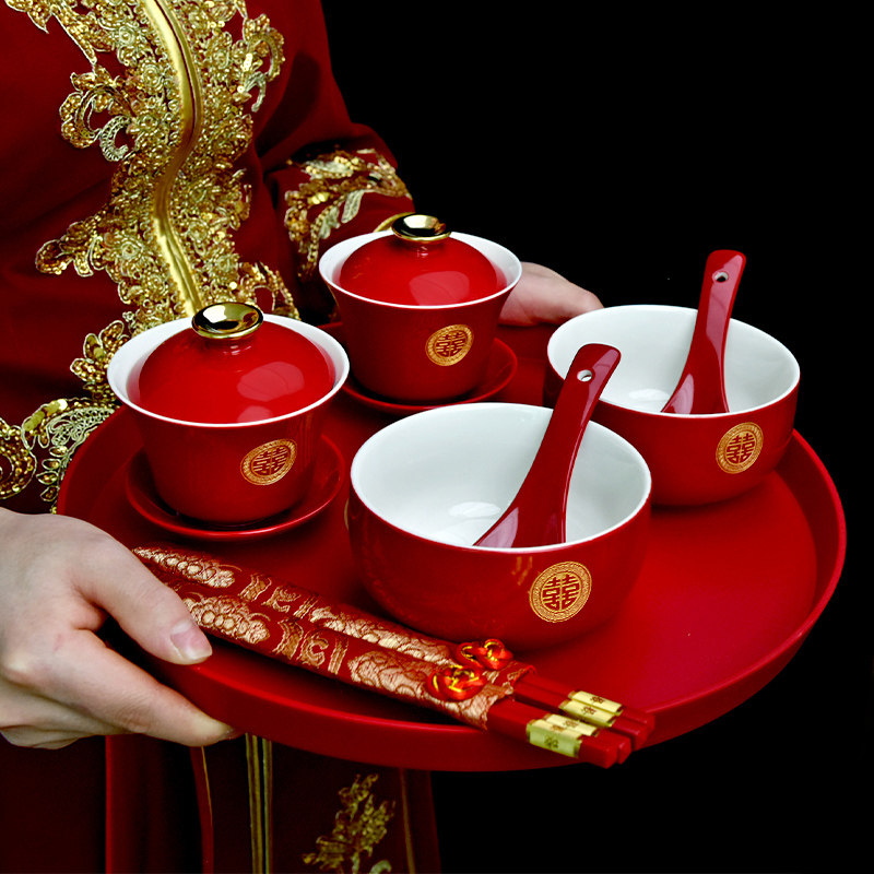 喜碗敬茶杯婚礼新娘改口敬茶喜杯喜碗结婚对杯对碗筷装女方陪嫁