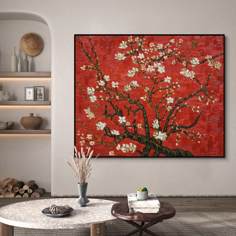 红色梵杏喷绘大芬村油画客厅装饰画名画抽象肌理画卉挂画