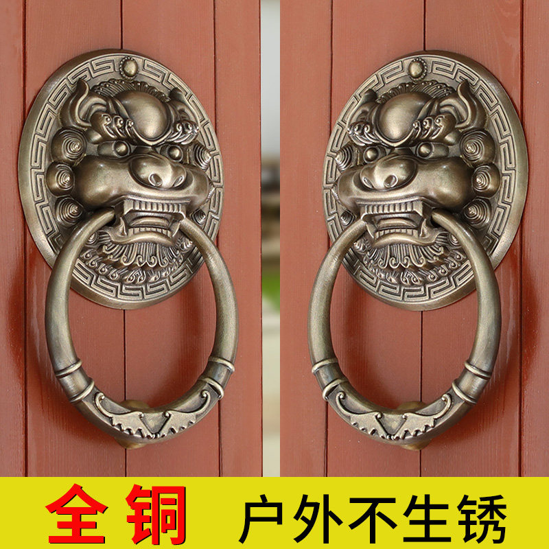 大门拉手铜狮子头把手复古纯黄铜木门麒麟头虎头门环