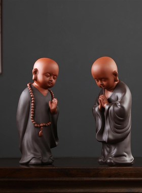 紫砂创意可爱小和尚陶瓷家居饰品博古架书房工艺品摆X件大号小沙