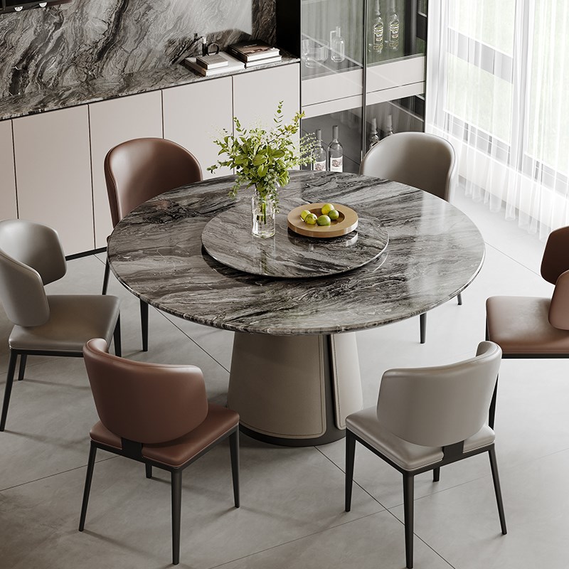 威尼斯棕天然大理石圆餐桌带转盘电动圆形轻奢马鞍皮底座家用饭桌