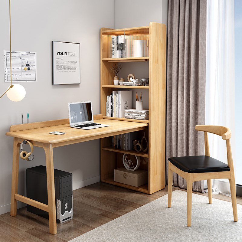 实木书桌书架一体电脑桌写字台家用卧室靠窗办公桌学生转角学习桌