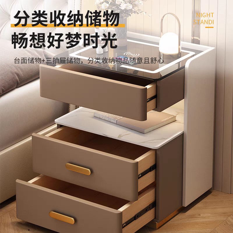 智能床头柜多功能收纳实木轻奢简约现代免安装卧室充电储物床边柜