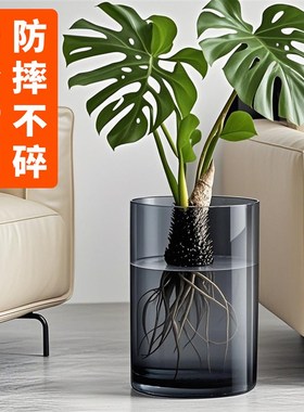 大口径落地大花瓶特大号龟背竹水培器皿黑色仿玻璃亚克力花盆