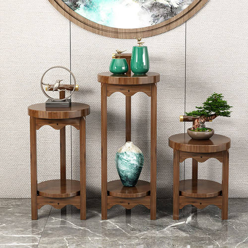 客厅花架花台中式玄关台灯架实圆形落地花瓶架展示架X仿实木花盆