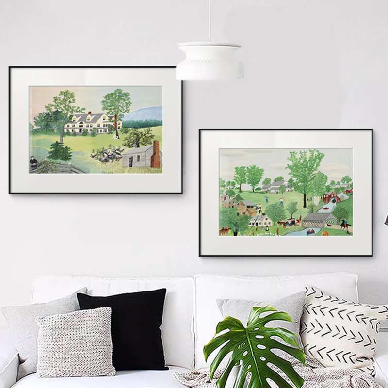 摩西奶奶装饰画美式小清新风景田园风挂画餐厅正方形卡纸卧室壁画图片