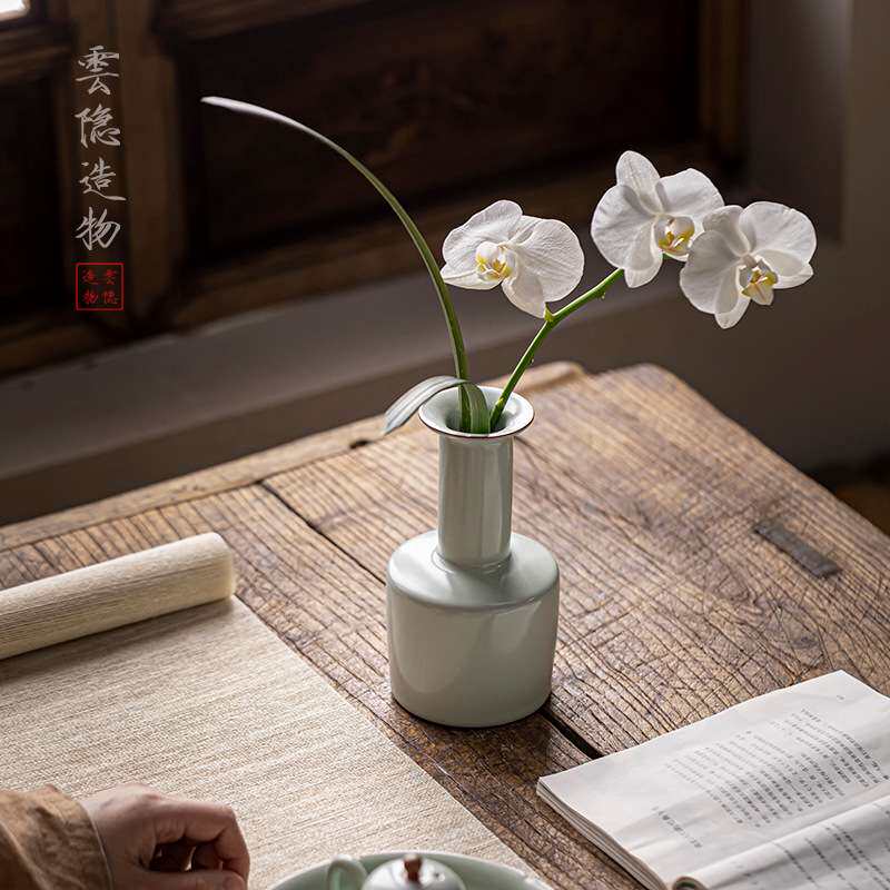 天青汝窑承露花器开片可养复古陶瓷花瓶水培花插客厅摆件茶道配件
