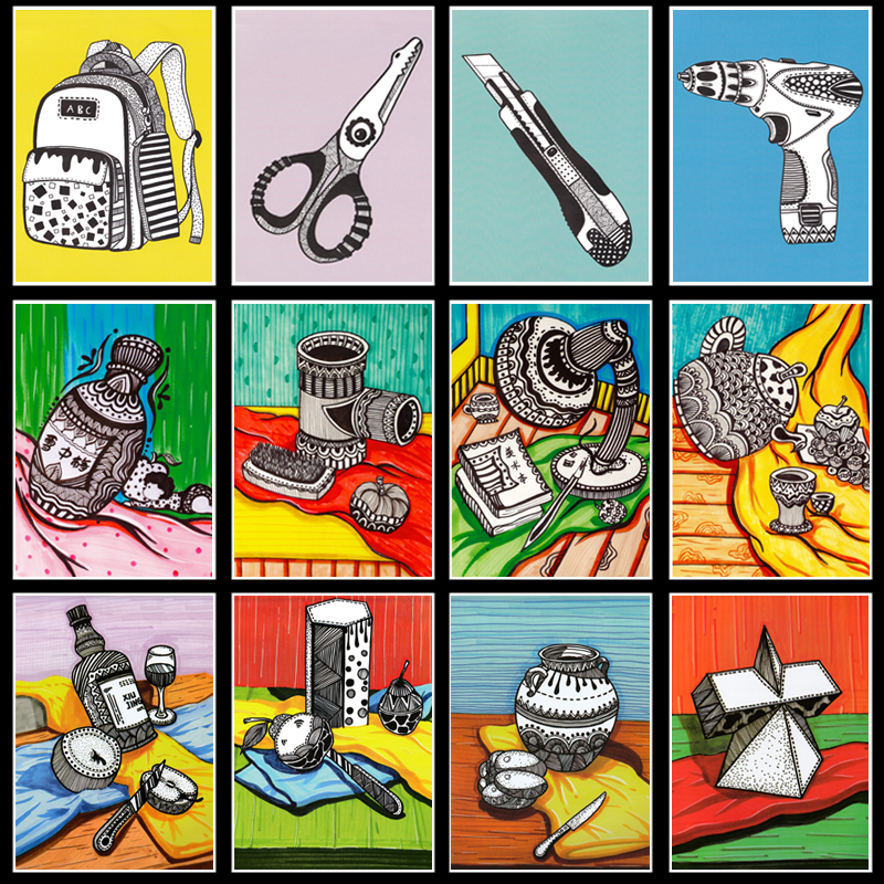 少儿创意美术临摹卡马克笔彩色线描初级手绘静物写生中级素材图片