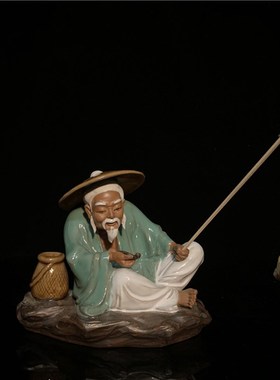 石湾公仔陶瓷创意工艺品假山盘景鱼缸姜太公钓鱼礼品渔翁