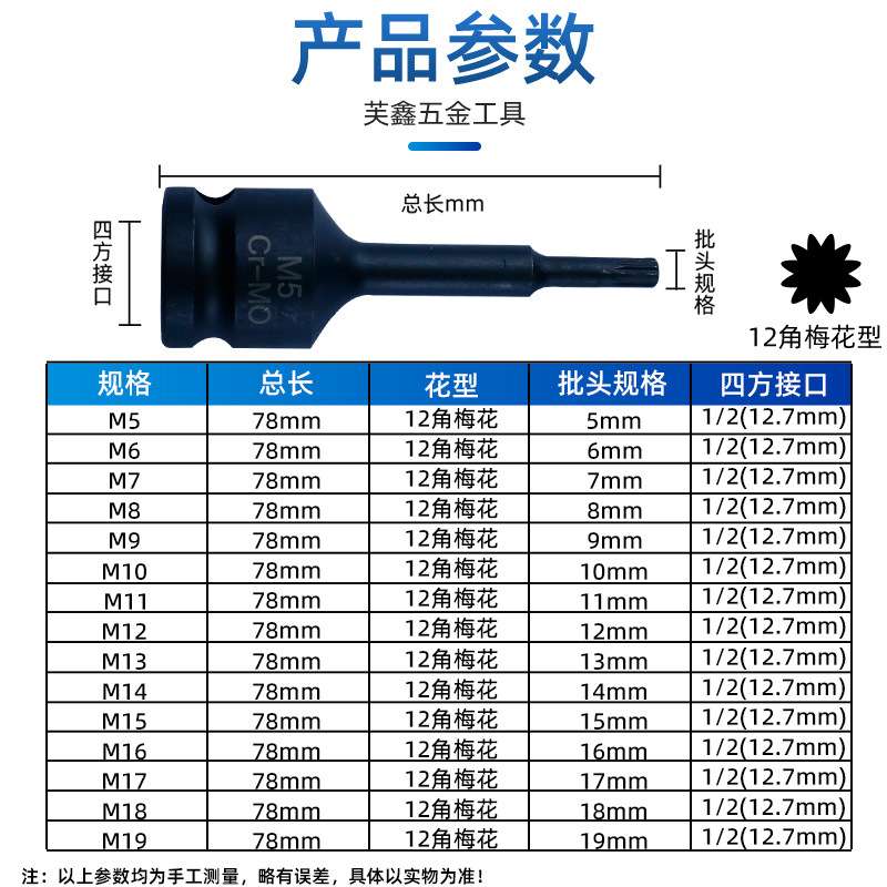 连体气动风炮内六角梅花T型M型旋具套筒组套1/2电动扳手批头盒装