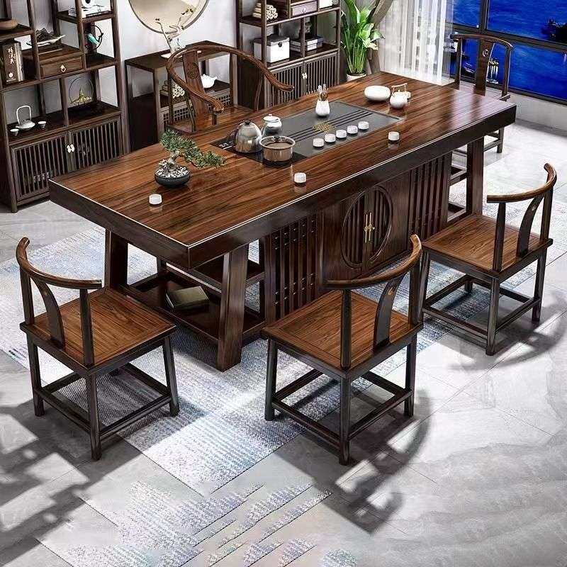 新中式大板茶桌椅组合办公室实木茶桌茶台原木功夫泡茶几套装一体