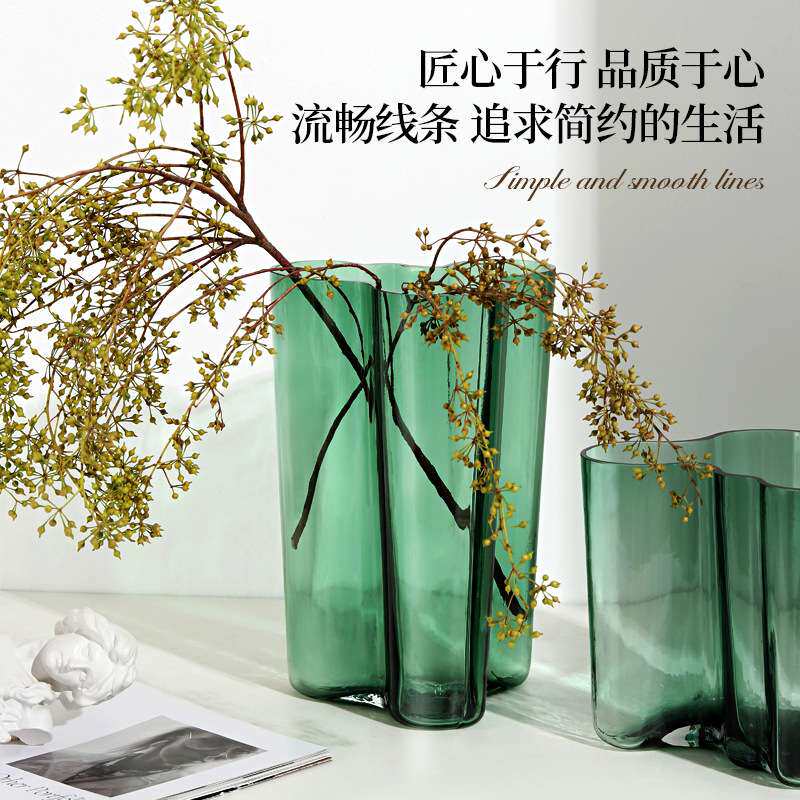 传奇湖泊透明碧绿色水晶花瓶锤纹经典湖泊系列花器桌面插花瓶摆件