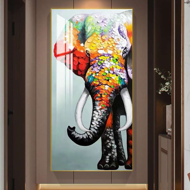 大象孔雀吉祥晶瓷画北欧走廊过道墙挂画轻奢单幅画入户玄关装饰画图片