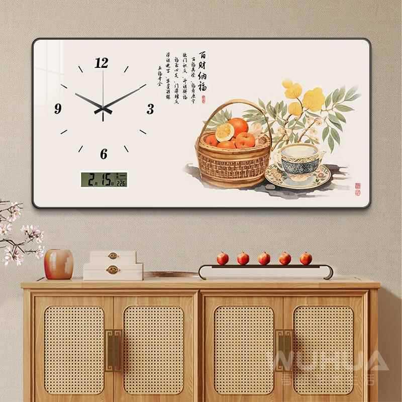 百财纳福餐厅装饰画万年历电子钟新中式静音钟表挂钟客厅时钟壁画