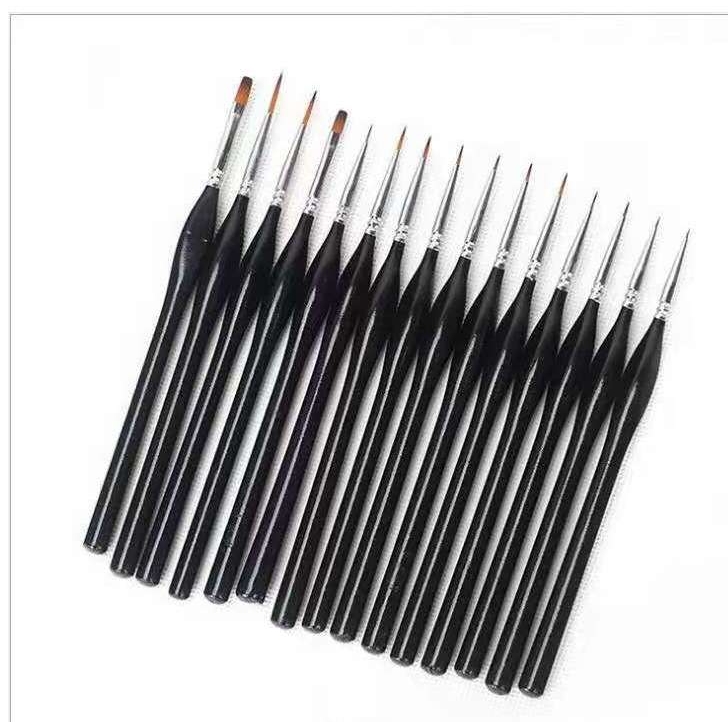 跨境黑色油画笔套装水彩水粉勾线扇形笔黑色笔袋15支弯头尼龙画笔